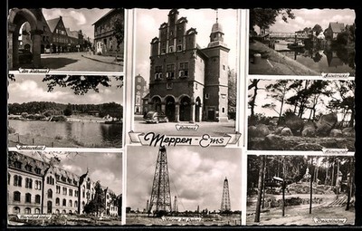 Postcard Meppen/Ems, town hall, grave, oil towers near Dalum, bathing establishment 1957 
