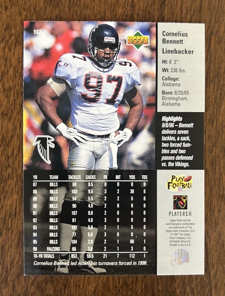 1997 Upper Deck - Cornelius Bennett #163 - Atlanta Falcons - Image 2 of 2