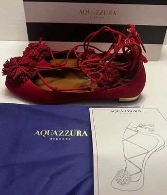 Aquazurra Sunshine Flat Lipstick Red Suede Ankle Wrap Pompom NIB Size 36