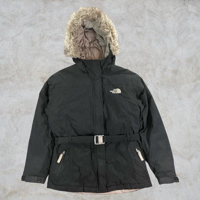 The North Face L G Girls Winterjacke Schwarz Parka Gürtel Mädchen Pelzkragen