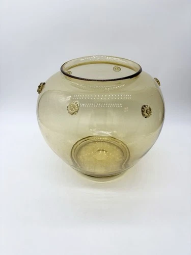 Vintage Amber Murano ? Glass Vase With Glass Floral Buttons prunts Read Descrip