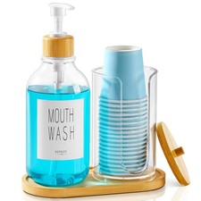 Mouthwash Dispenser for Bathroom, Mouth Wash Pump Bottle with Paper Cup Holde...