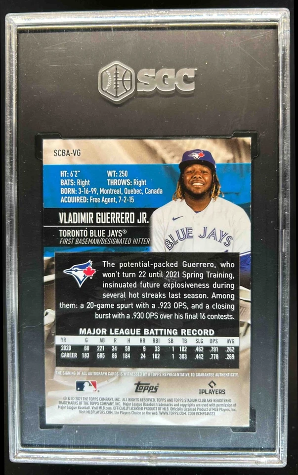2021 Stadium Club Vladimir Guerrero Jr. Auto #SCBA-VG Blue Jays SGC 8.5 10 - Image 2 of 2