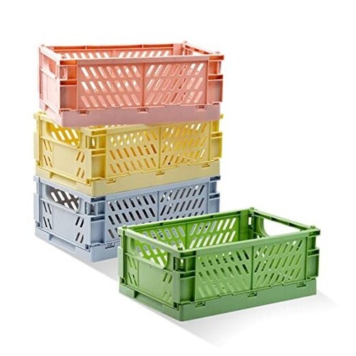 4 Pack Pastel Crates for Storage, Plastic Folding Basket, Colorful Small