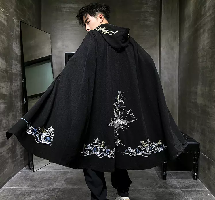 Men's Chinese Style Poncho Hood Lace Up Embroidery Cape Black