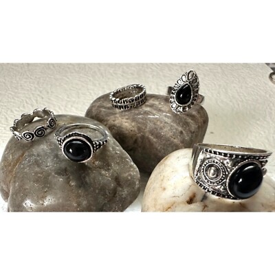 Boho Silvertone and Faux Black Stone Rings Mix and Match Set of 5