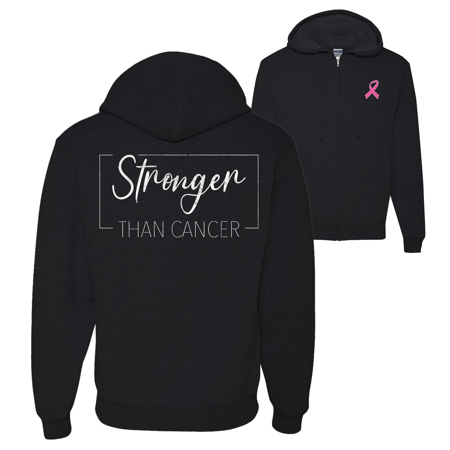Stronger Than Cancer Distressed Front and Back Graphic Zip Up Hoodie Sweatshirt