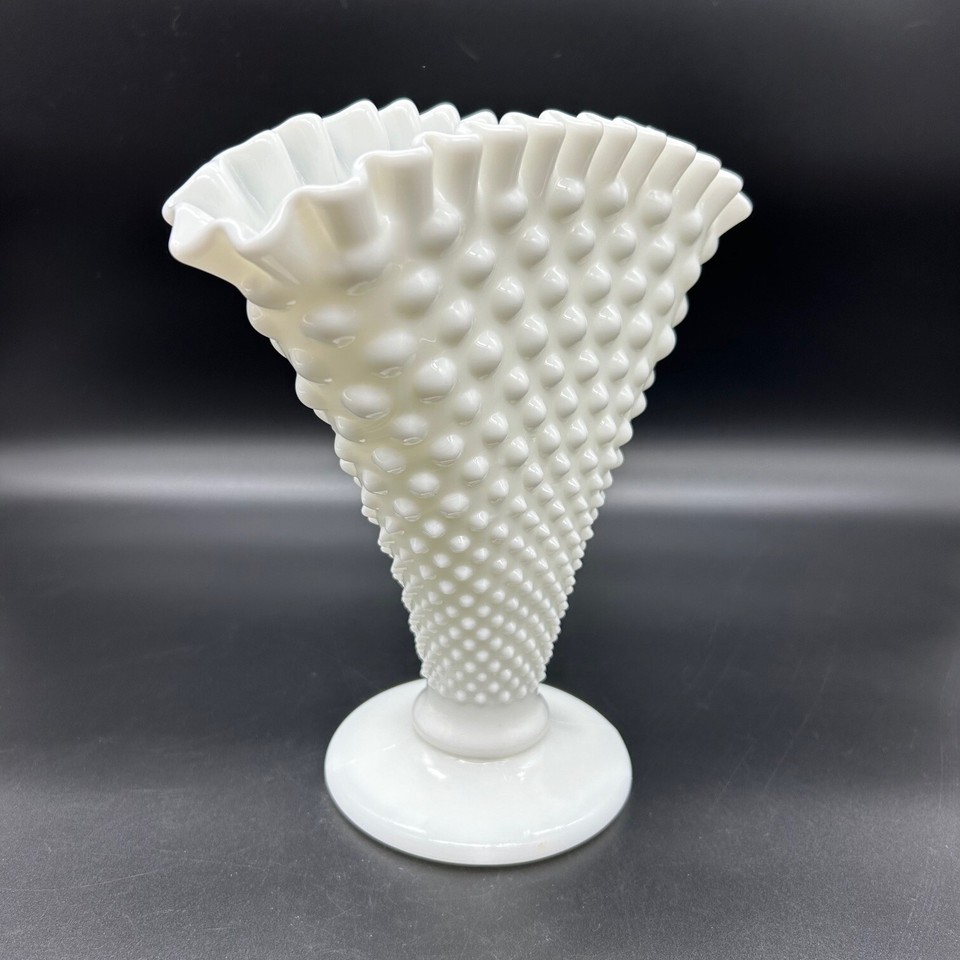 Vtg Fenton Hobnail White Milk Glass Fan Vase 8 Inches Introduced 1958