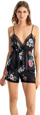 2-teiliges Damen Satin Shorty-Pyjama Set Schwarz mit Blumenmuster
