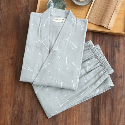 Herren Japanischer Kimono Pyjama Gaze Baumwolle Nachthemd Top + Hose Set Anzug Kits - Bild 12 von 17