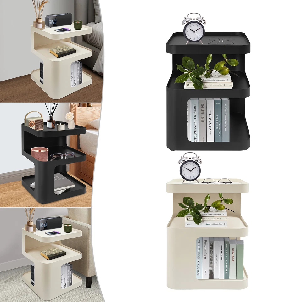 Mesa auxiliar moderna cuadrada crema/negro de 3 niveles mesita de noche moderna mesa auxiliar moderna Foto 4 de 4