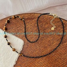 Natural 3mm Black Spinel Yellow Tiger Eye Gemstone Round Beads Necklace 18  