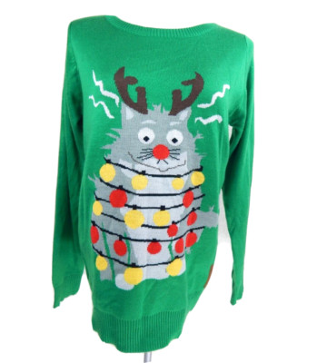 Tipsy Elves Women's Small Christmas Sweater Electorcuted Cat Green Ugly EUC