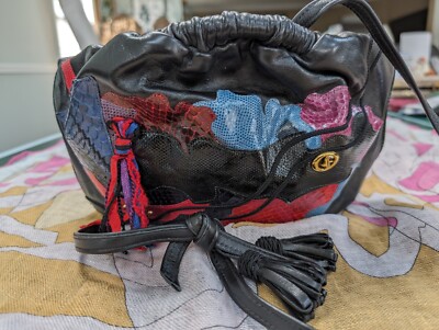 Vintage Carlo Fiori Black Multicolor Abstract Snakeskin Leather Crossbody Bag
