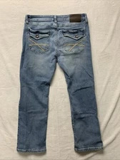 TK Axel Jeans Mens 34x30 Blue Slim Boot Embroidered Flap Pockets Y2K Faded denim