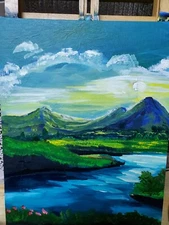 Original Handpainted  Serene Landscape . Acrylic 11x14 Hard Panel