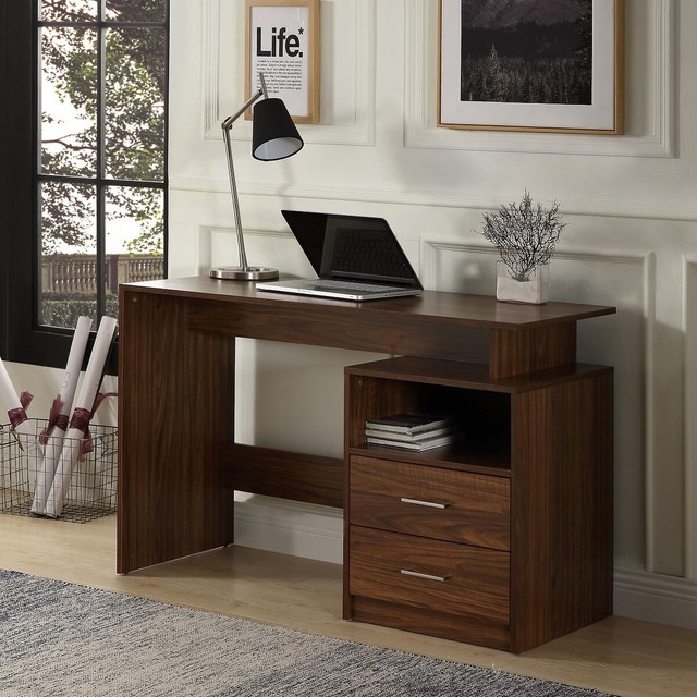 Home Office Wooden Computer Desk Table With 2 Side Drawers Walnut