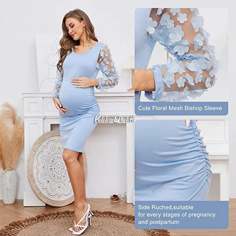 Pregnant Women Dress Maternity Long Sleeve Flower Stretchy Gown For Photo Shoot - Image 3 of 4