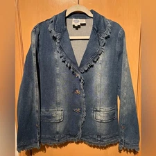 Diane Gilman DG2 Blue Denim Jacket w/ Jeweled Buttons Frayed Sleeves & Hem Med