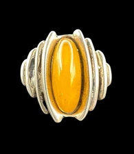 Vintage Baltic Egg Yolk Amber 800 Silver Modernist Ring Sz 8.5, Polish Hallmarks