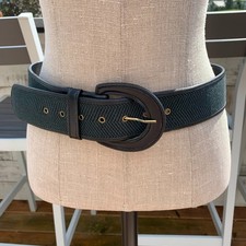 Vintage 80s Wide Statement Belt M Forest Green Fabric Black Faux Leather Buckle