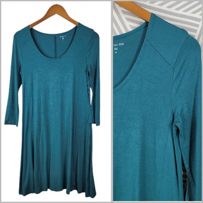 Garnet Hill Dress Doze XS Trapeze Knit Swing Teal Green 3/4 Sleeve Teal Jersey 