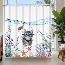 Ocean Theme Funny Diving Cat Shower Curtain 72x72 Inch Waterproof Washable