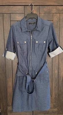 Sharagano Blue Denim Belted Shirt Dress Zip Roll Tab Sleeve Knee Length 10