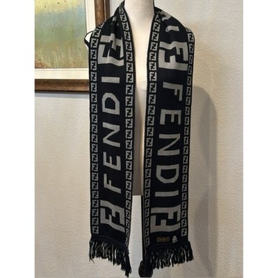Fendi Roma Wool Scarf Black Gray FF Logo Fringe Italy