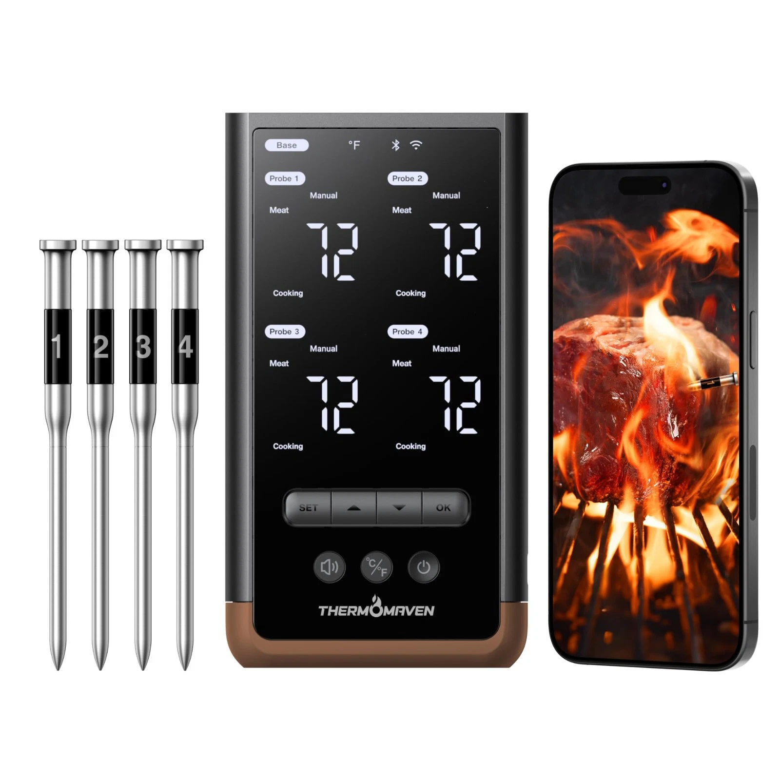 Smart Bluetooth Wireless Meat Thermometer with Standalone Base, 6 Sensors with