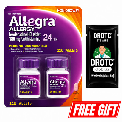 Allegra 24Hr Non-Drowsy 180mg Allergy 115 Tabs + Free DR OTC Eye Wipe Exp 2/27
