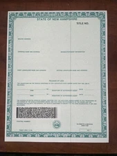 New Hampshire Vehicle Title Paper - All Security Features - Fast Shipping!