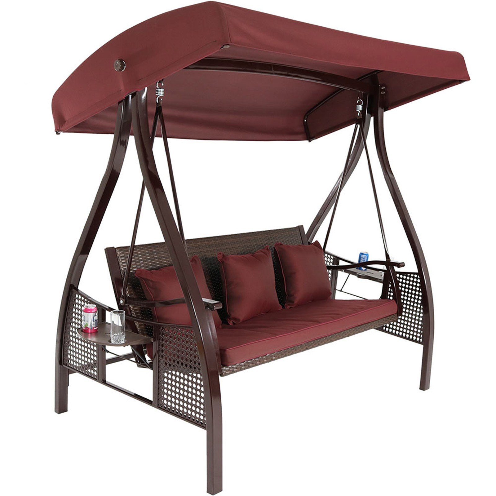 3-Person Steel Patio Swing Bench with Side Tables/Canopy - Maroon by Sunnydaze