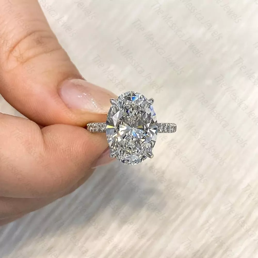 10x7 MM Oval Cut Moissanite Hidden Halo Engagement Ring In 14k