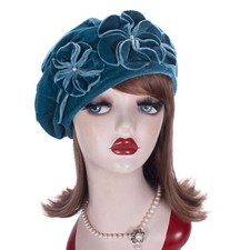 Teal Women Solid Color 1920 Vintage Style Velvet Beret Floral Hat Chic Cap T513