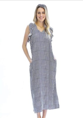 MICHELLE MCDOWELL Black White Check Avery Ruffled A-Line Column Maxi Dress Sz M