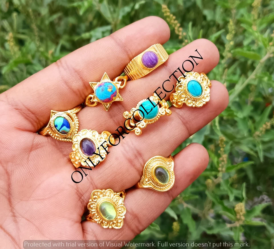 Розовый кварц и смесь драгоценных камней 925 золото покрытием оптовая продажа богемные кольца лот - Изображение 3 из 4