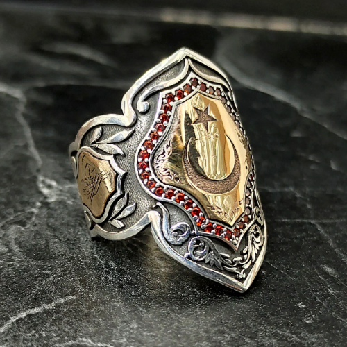 Men Archer Thumb Detailed Silver Ring Silver Turkish Flag Motif