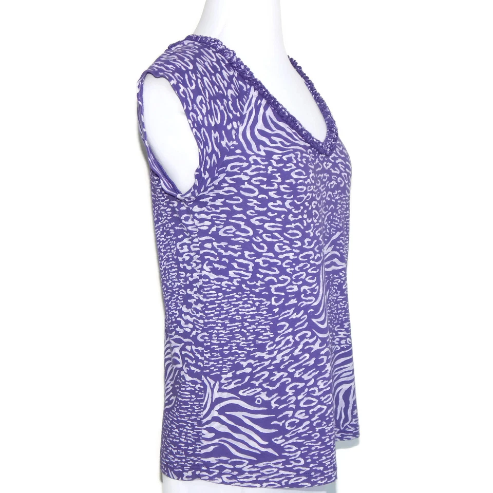 FRESH PRODUCE Purple Zebra Animal Print Ruffle Collar Cap SleeveTop Small /7176 - Image 2 of 4