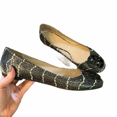 Tory Burch Reva Ballet Flats Mojave Print Size 10M Black Toe Logo Preppy Trendy - Picture 11 of 11