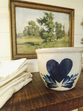 Vintage  Rowe Pottery Salt Glaze Cobalt Blue Decorated Crock Planter Pot