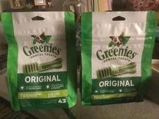 GREENIES LOT OF (2) BAGS DOG DENTAL TREATS ORIGINAL TEENIE 5-15LBS. 43 CT. 12 OZ