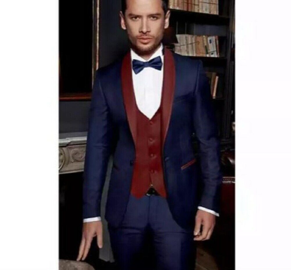 Wedding Men Suits Navy Blue Tuxedos Burgundy Vest 3 Piece Blazer Pants  Jackets | Ebay