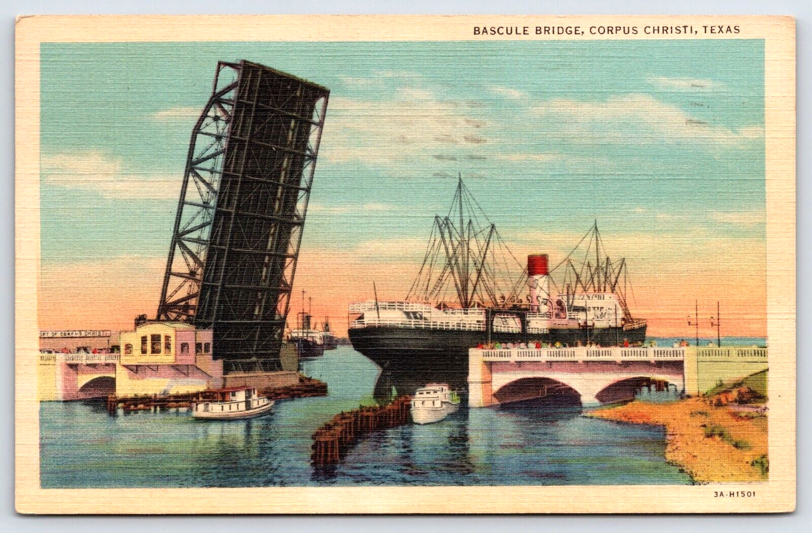 Original Vintage Antique Postcard Corpus Christi Texas Bascule Bridge Steam Ship