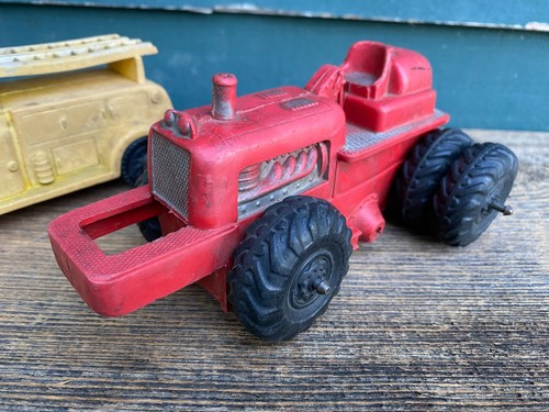 Vintage Red Auburn Rubber Tractor/ Bulldozer and Yellow Telephone Toy Truck - Picture 2 of 24