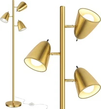 QiMH Tree Floor Lamp with 3 Light Bulbs, Standing Tall Pole Brushed Gold 
