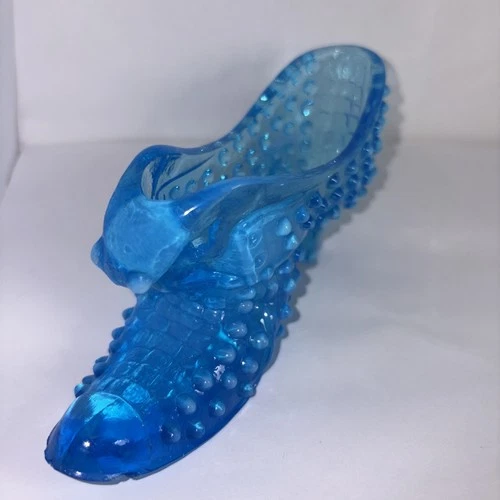 Vintage  Art Glass  Blue Cat Head Hobnail Shoe Slipper Boot