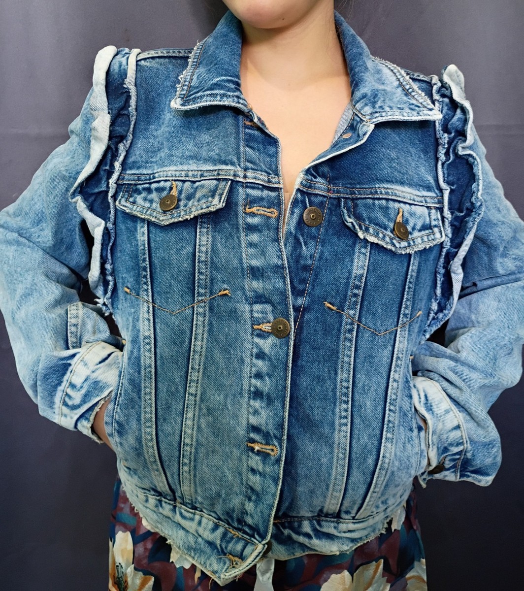Zara Denim Jacket Ruffle Shoulder ZARA Basic Women's Petite Denim