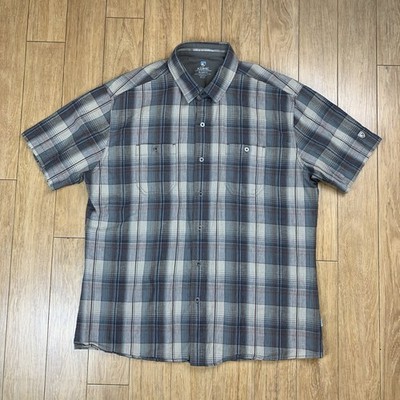 Kuhl Skorpio Shirt Men XL Brown Linen Blend Plaid Short Sleeve Woven