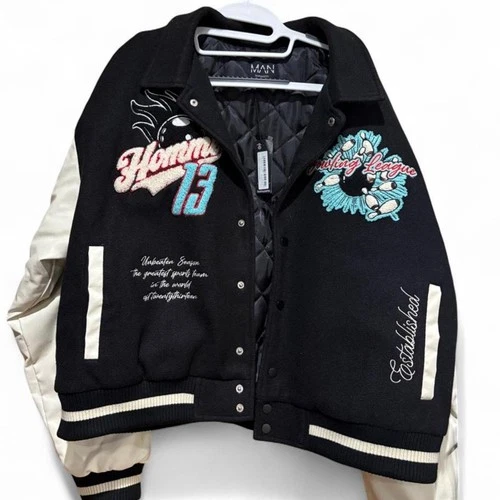 Boohooman oversized varsitybomber jacket featuring - product listing photo